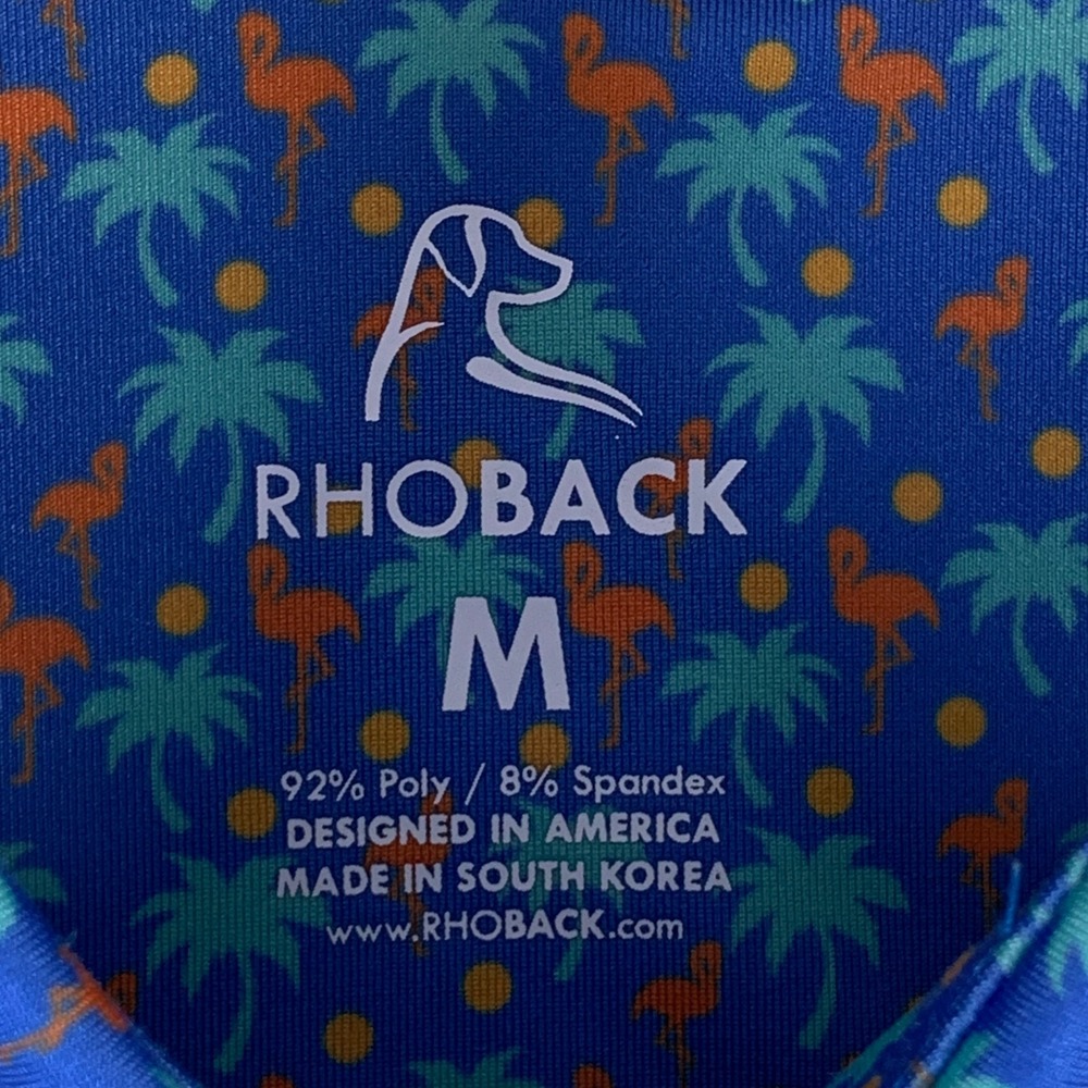 Rhoback Polo Men Medium Snow Bird Flamingo AOP Palm Tree Golf Performance Preppy - Picture 2 of 9
